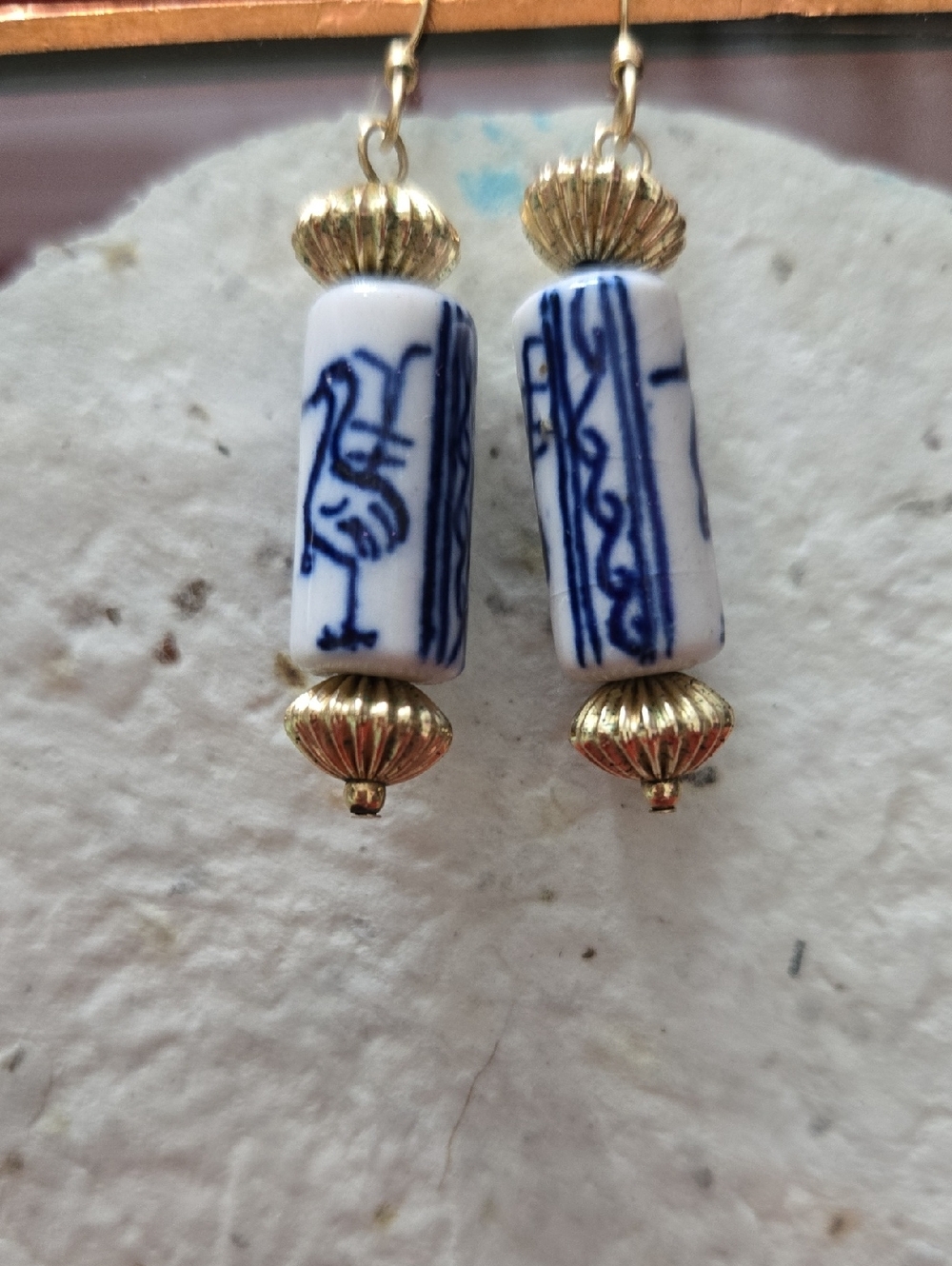 Vintage Hand-Painted Blue and White Porcelain Drop Earrings With Gold Accents